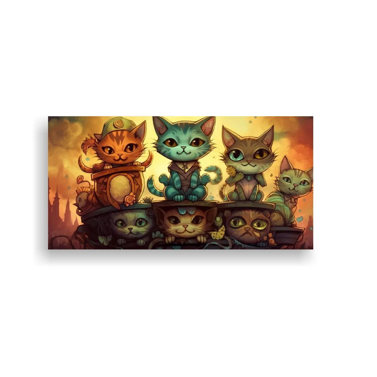 Cuadro grupo de gatos con sombreros de copa y planta en maceta