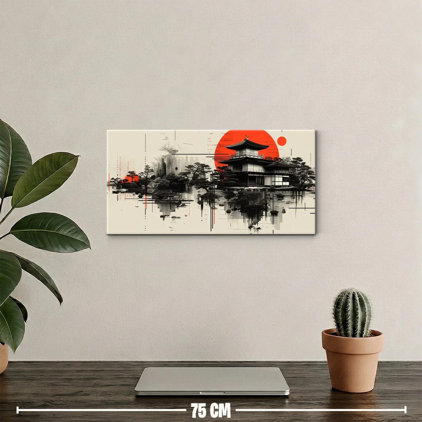 Cuadro pagoda japonesa con sol rojo y trazos de tinta — miniatura 2