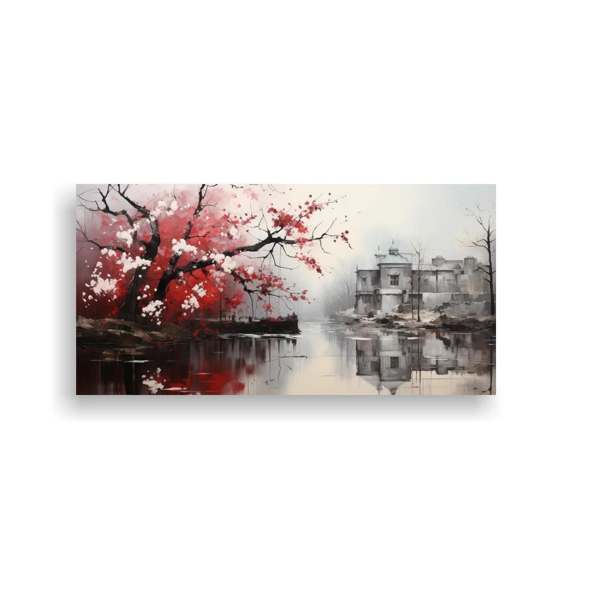 Cuadro árbol en flor roja junto a un lago con casa al fondo