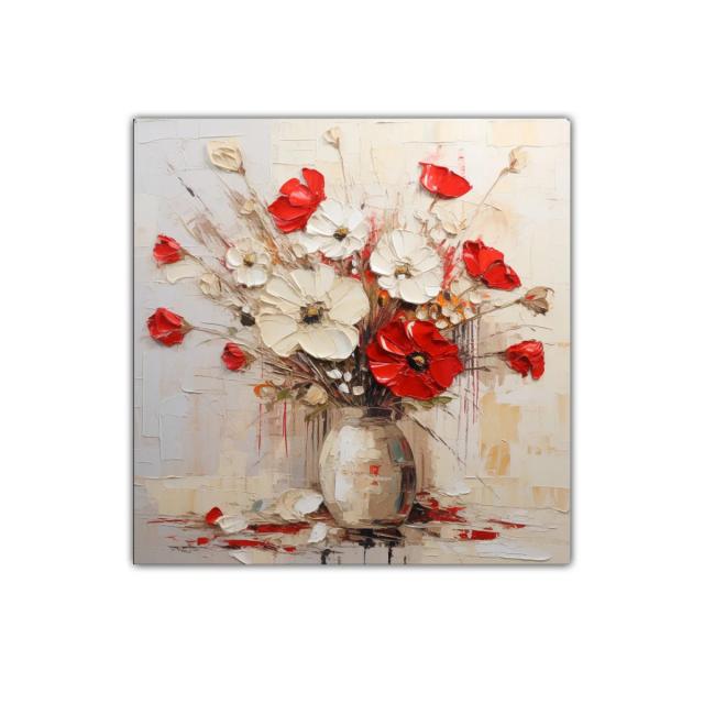 Ramo vibrante de flores rojas y blancas en jarrón neutro