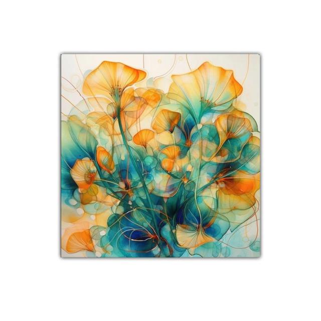 Floración abstracta en tonos cálidos y azules vibrantes