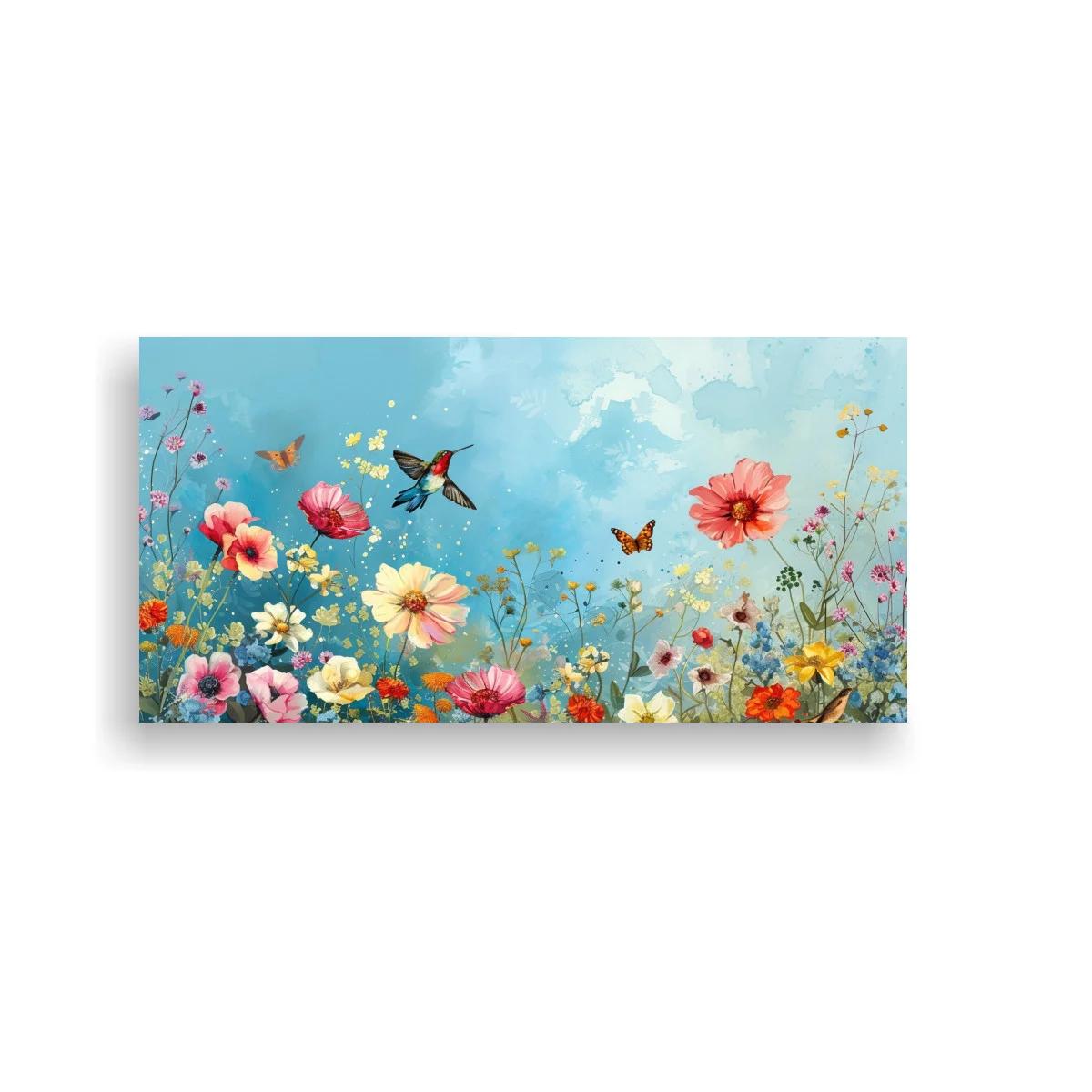 Cuadro flores silvestres con colibrí en vuelo