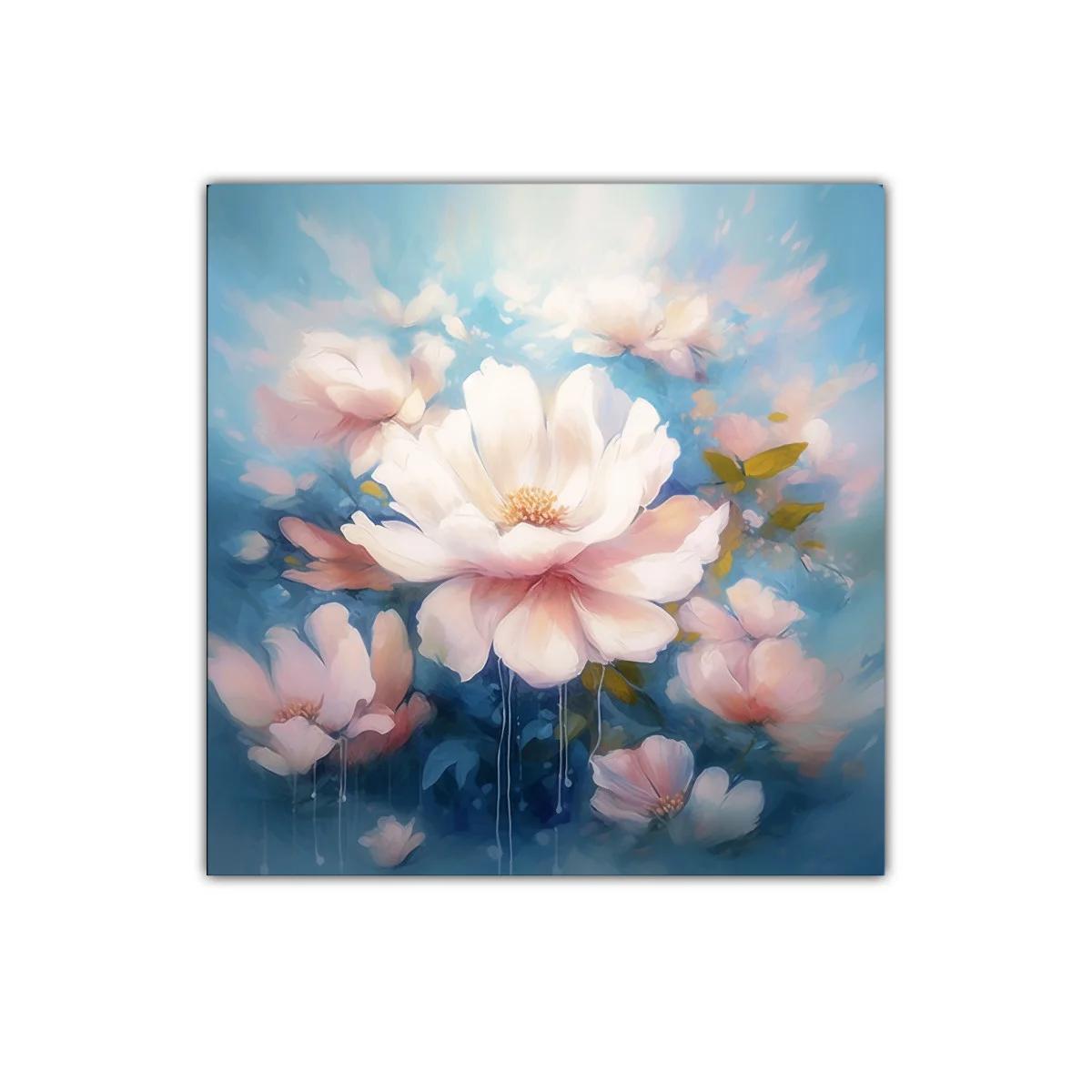 Cuadro decorativo flores blancas con fondo azul y rosa — imagen principal
