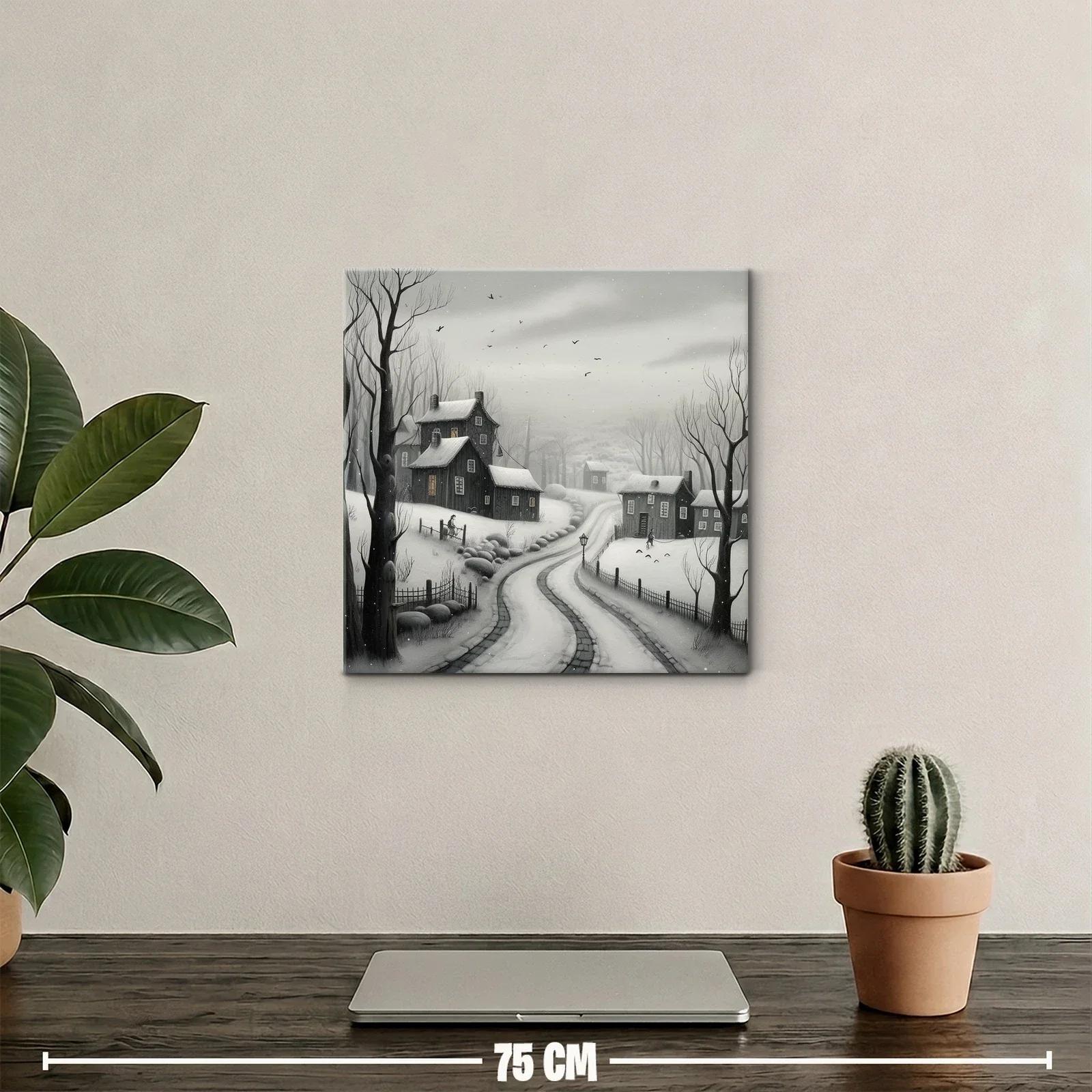 Paisaje invernal con casas y camino nevado en tonos grisáceos — miniatura 2