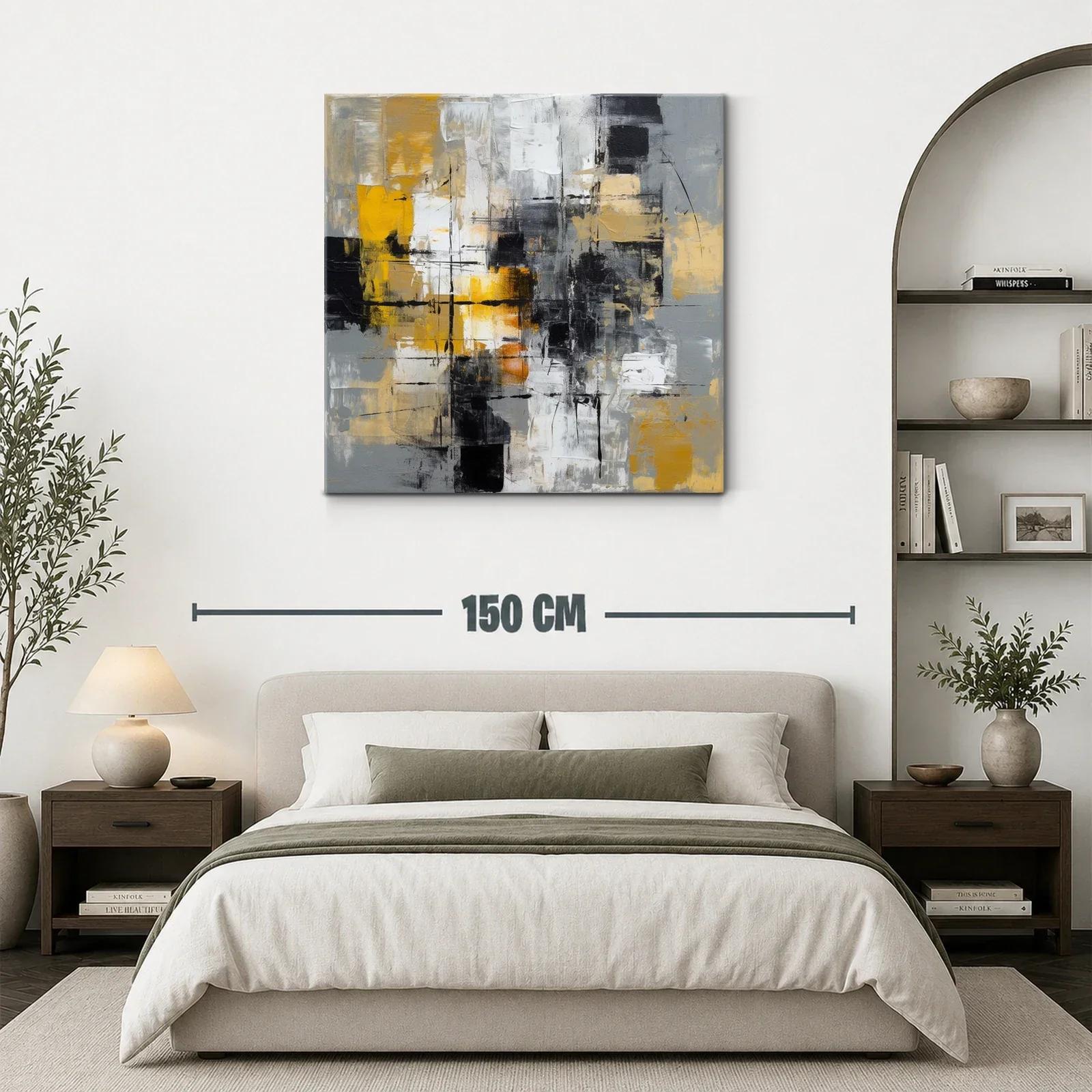 Cuadro abstracto con tonos dorados y acentos en negro y gris — miniatura 3
