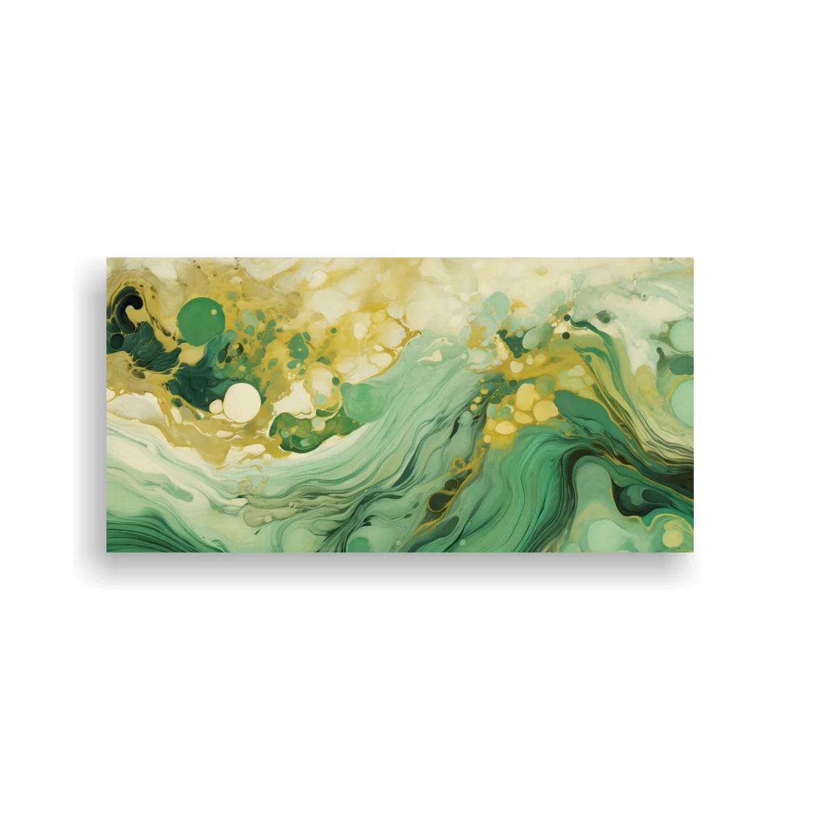 Cuadro abstracción fluida verde y dorada con vetas marmoleadas