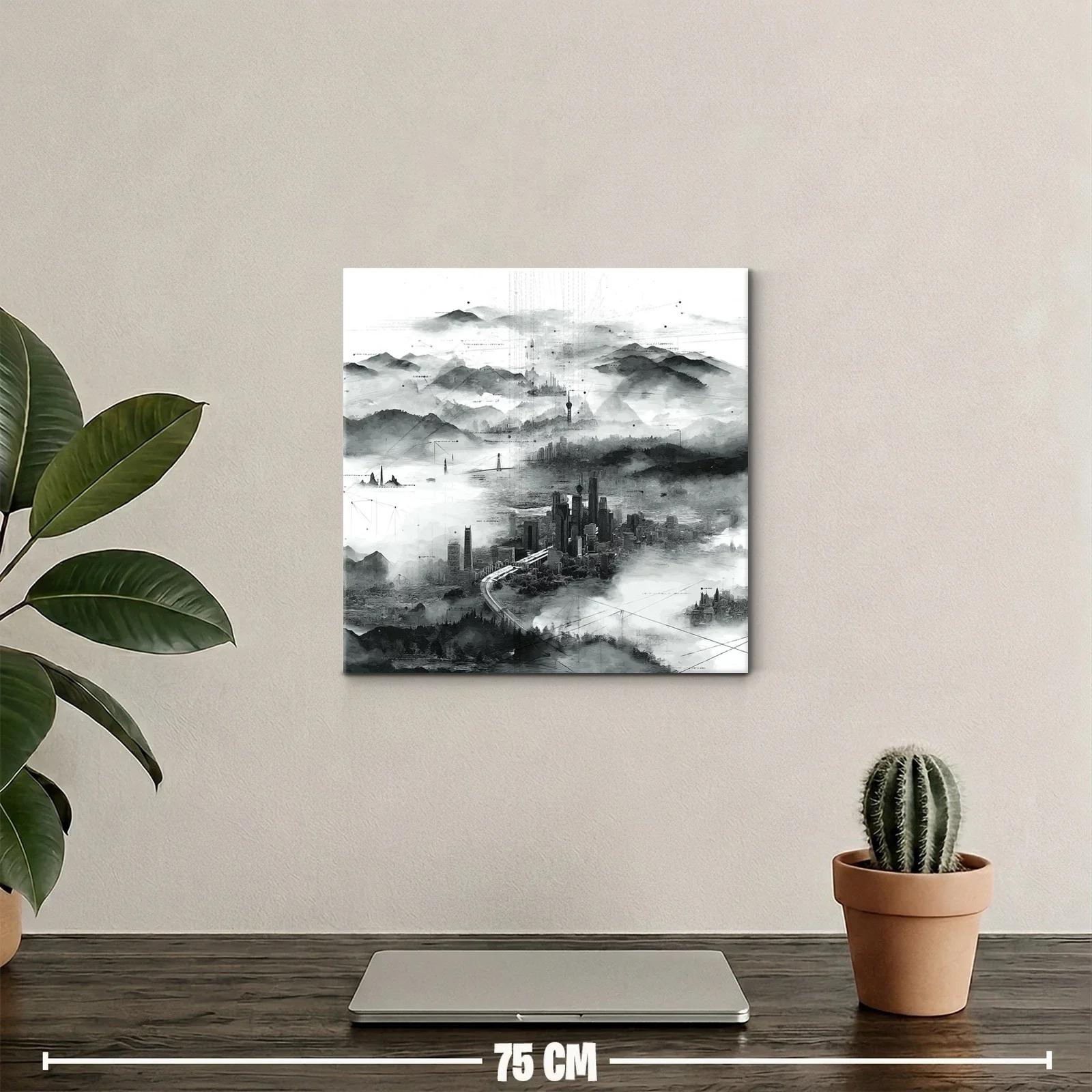 Paisaje urbano en niebla con detalles abstractos en tonos grises — miniatura 2