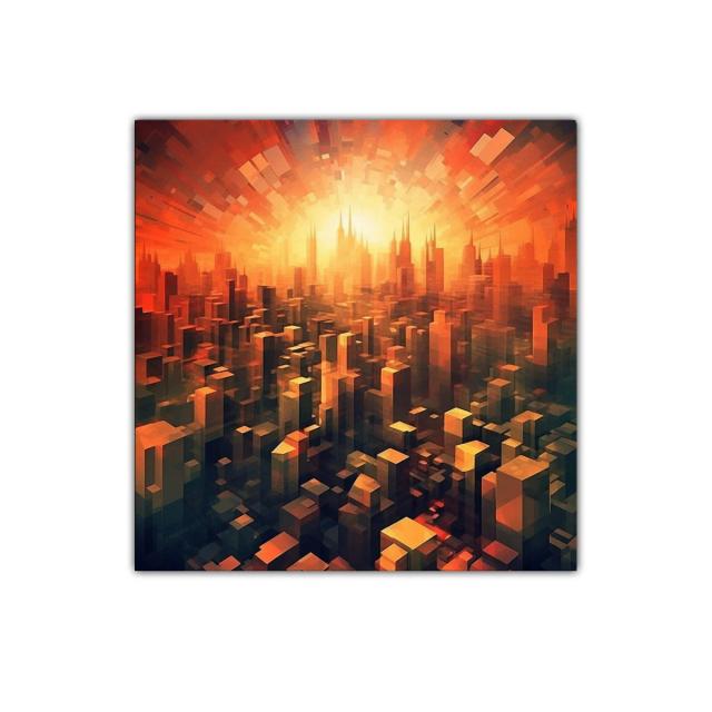 Ciudad futurista bañada en cálidos tonos dorados y naranjas