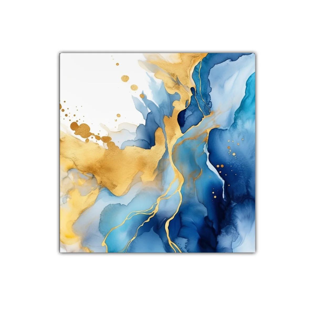Cuadro Abstracto con Tonos Azules y Dorados Elegantes