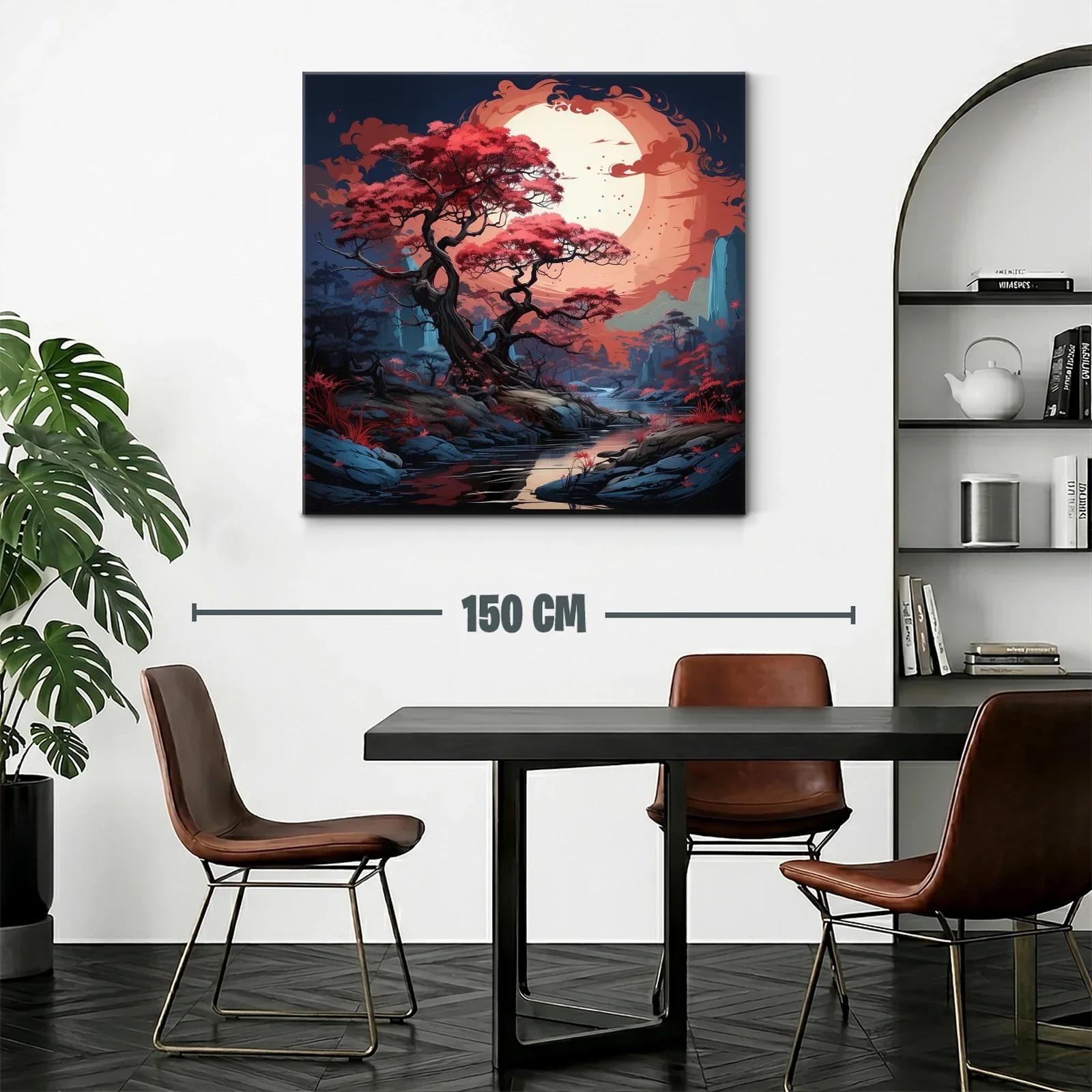 Paisaje mágico con árbol rojo bajo una luna enorme — miniatura 2