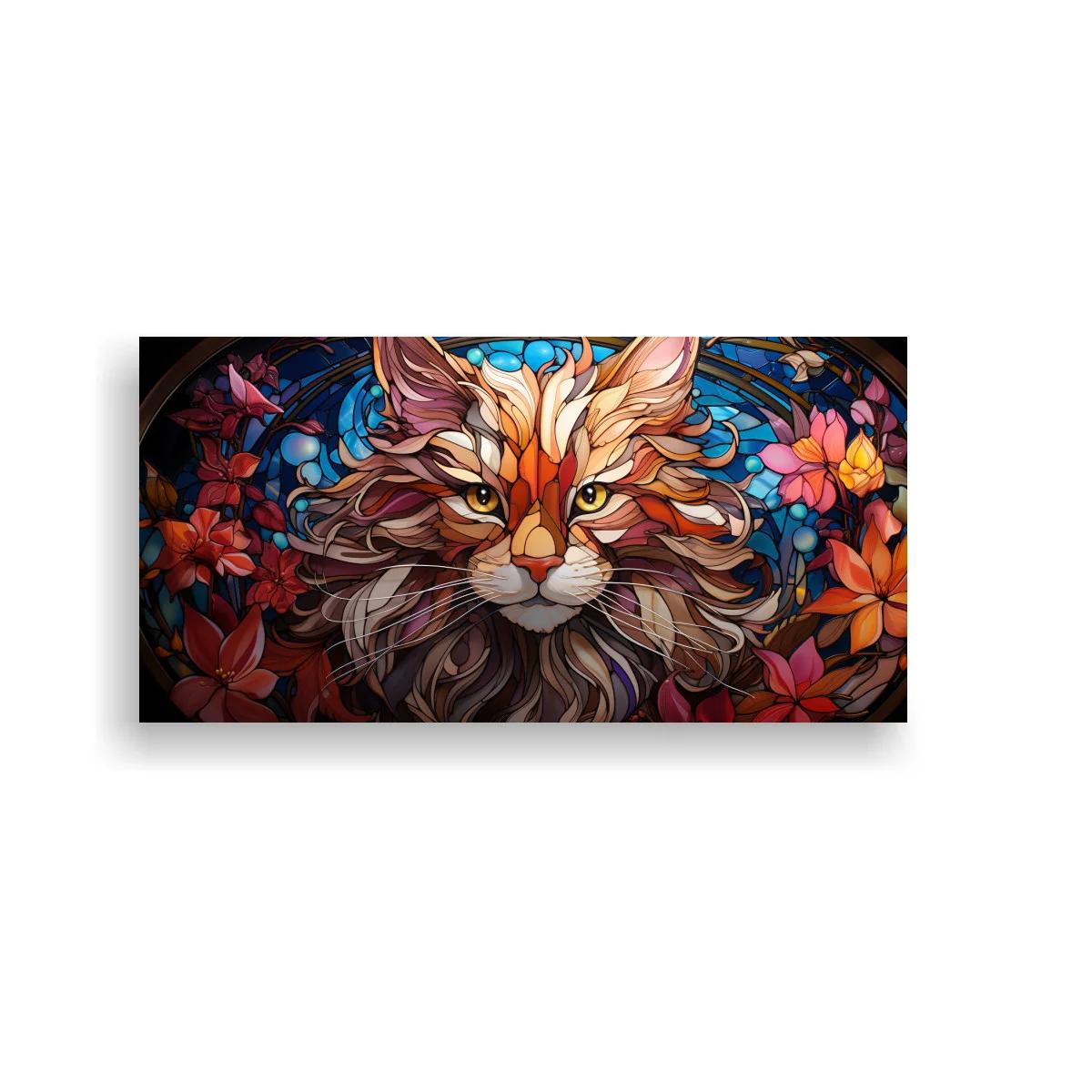Cuadro gato de pelo largo con flores y follaje