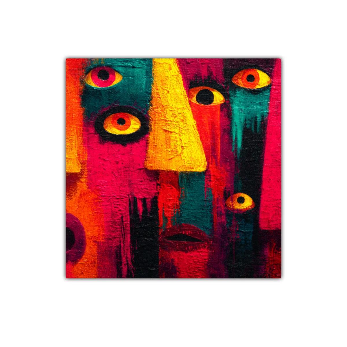 Cuadro abstracto con rostros y ojos vibrantes en colores intensos — imagen principal