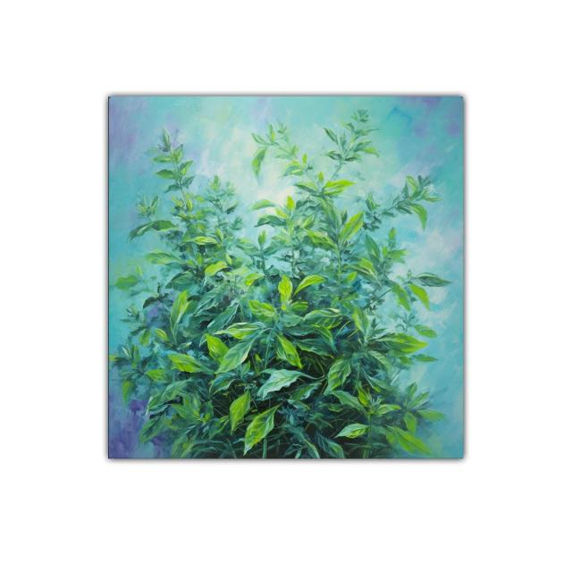 Cuadro de follaje vibrante con tonos verdes y azules