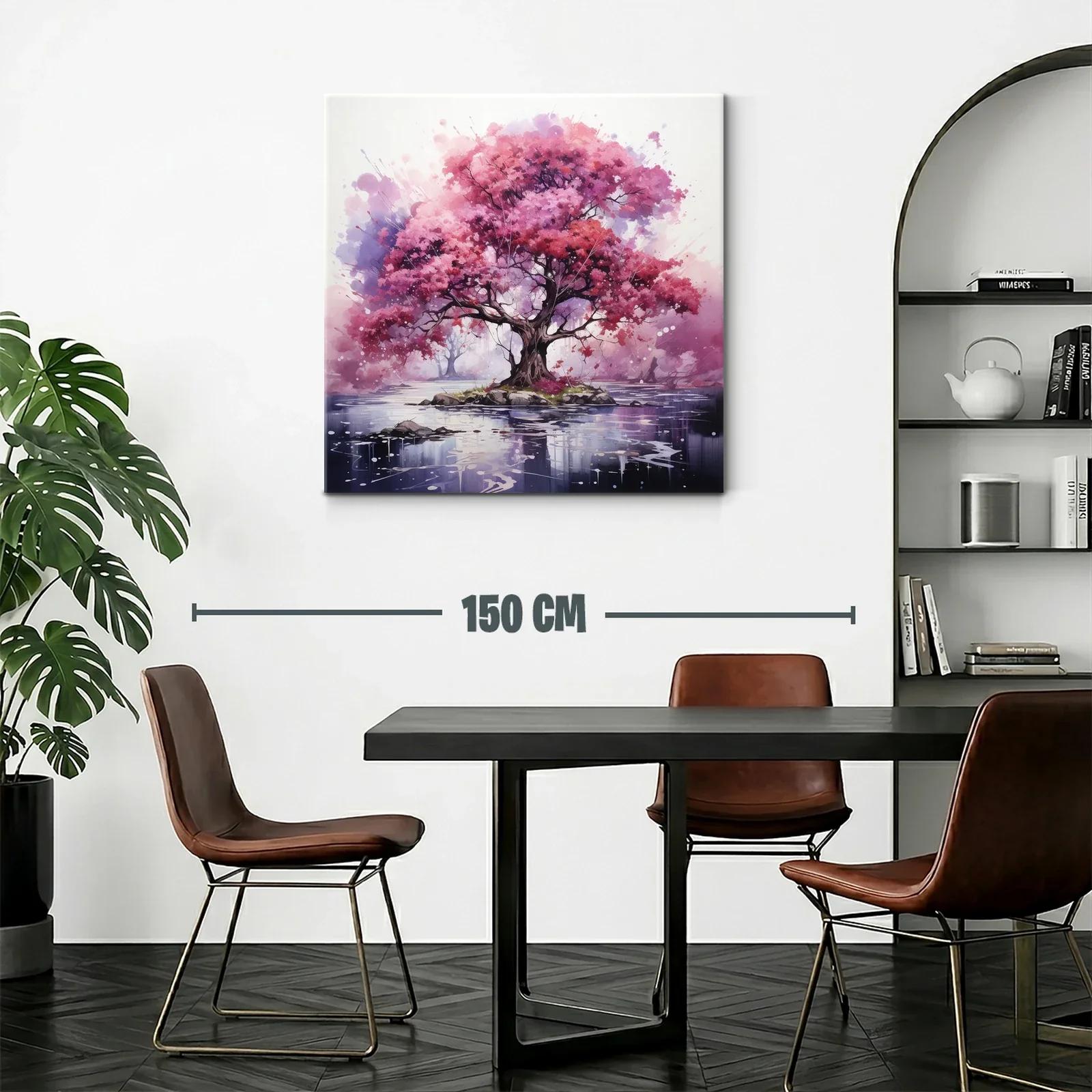 Árbol rosa vibrante sobre isla en lago sereno — miniatura 2
