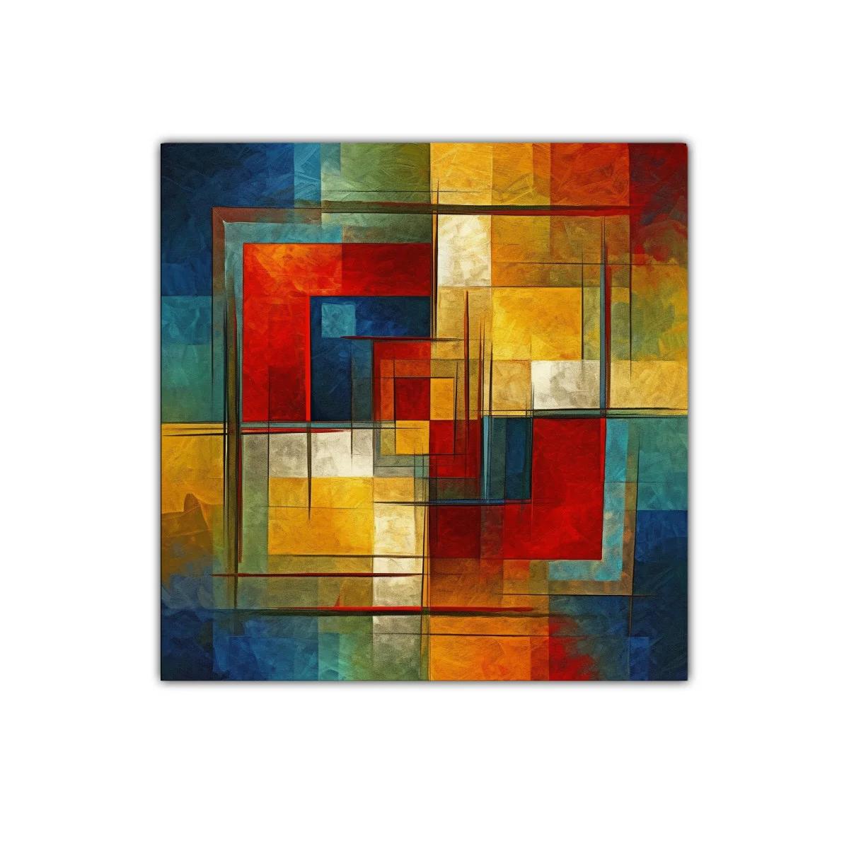 Cuadro abstracto con formas geométricas y colores cálidos