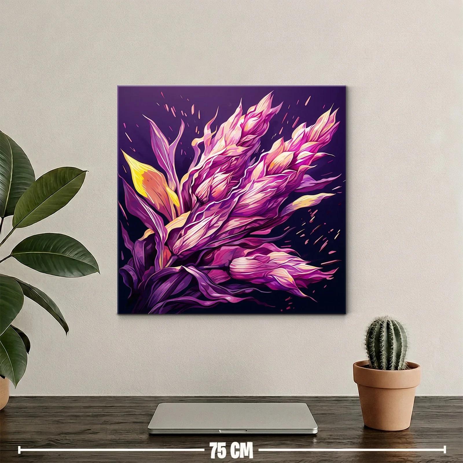Cuadro floral vibrante con tonos púrpuras y amarillos — miniatura 2