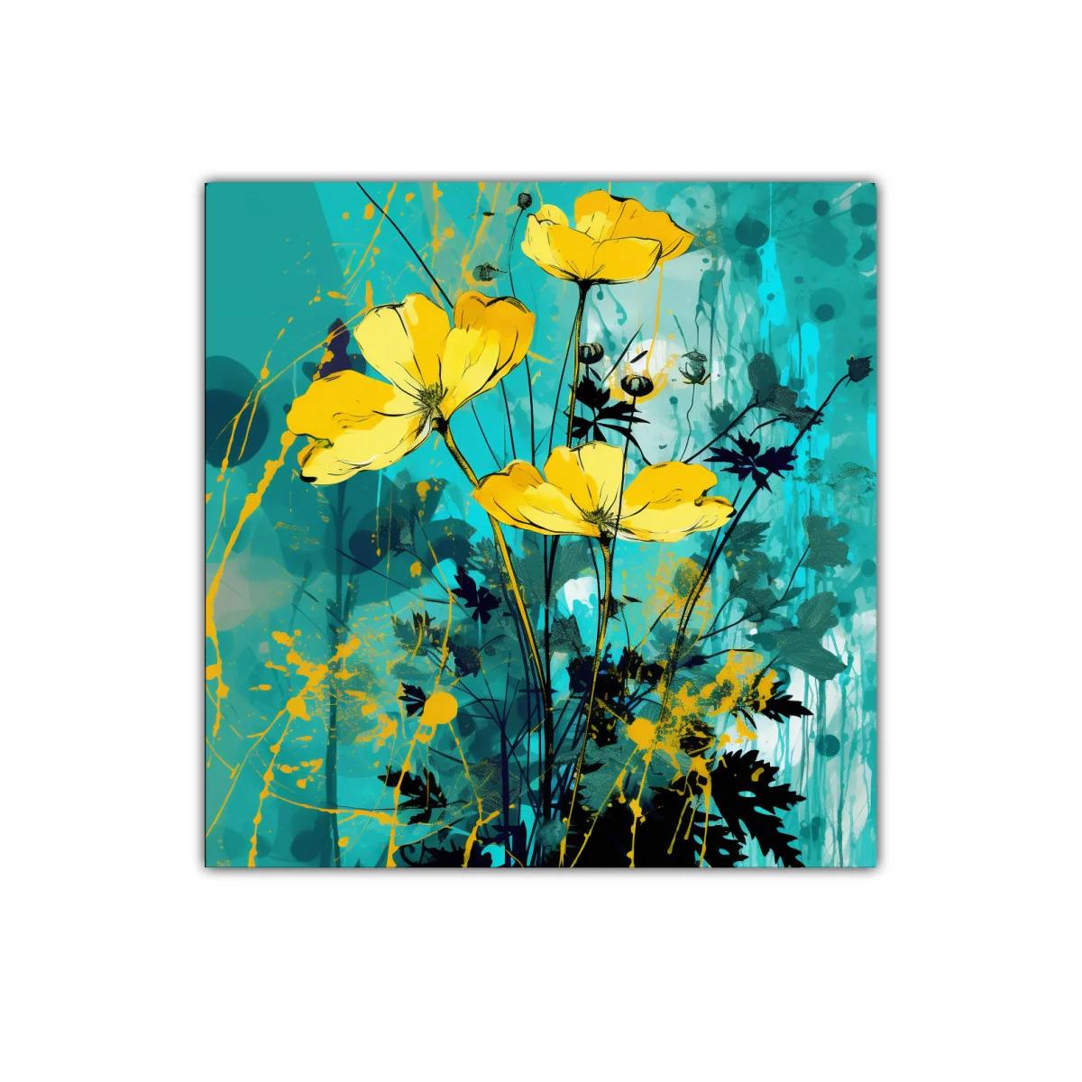 Cuadro decorativo flores amarillas vibrantes con fondo azul — imagen principal