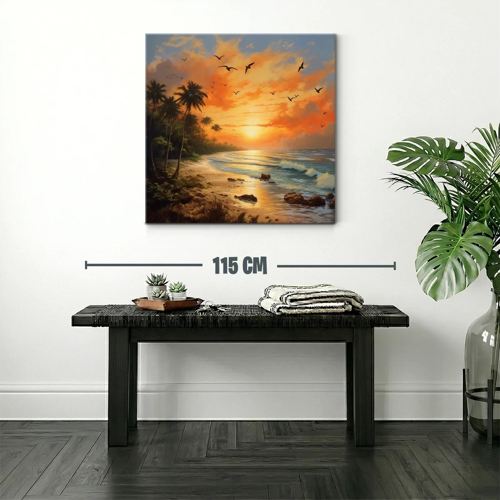 Atardecer tropical con palmeras y aves en vuelo — miniatura 2