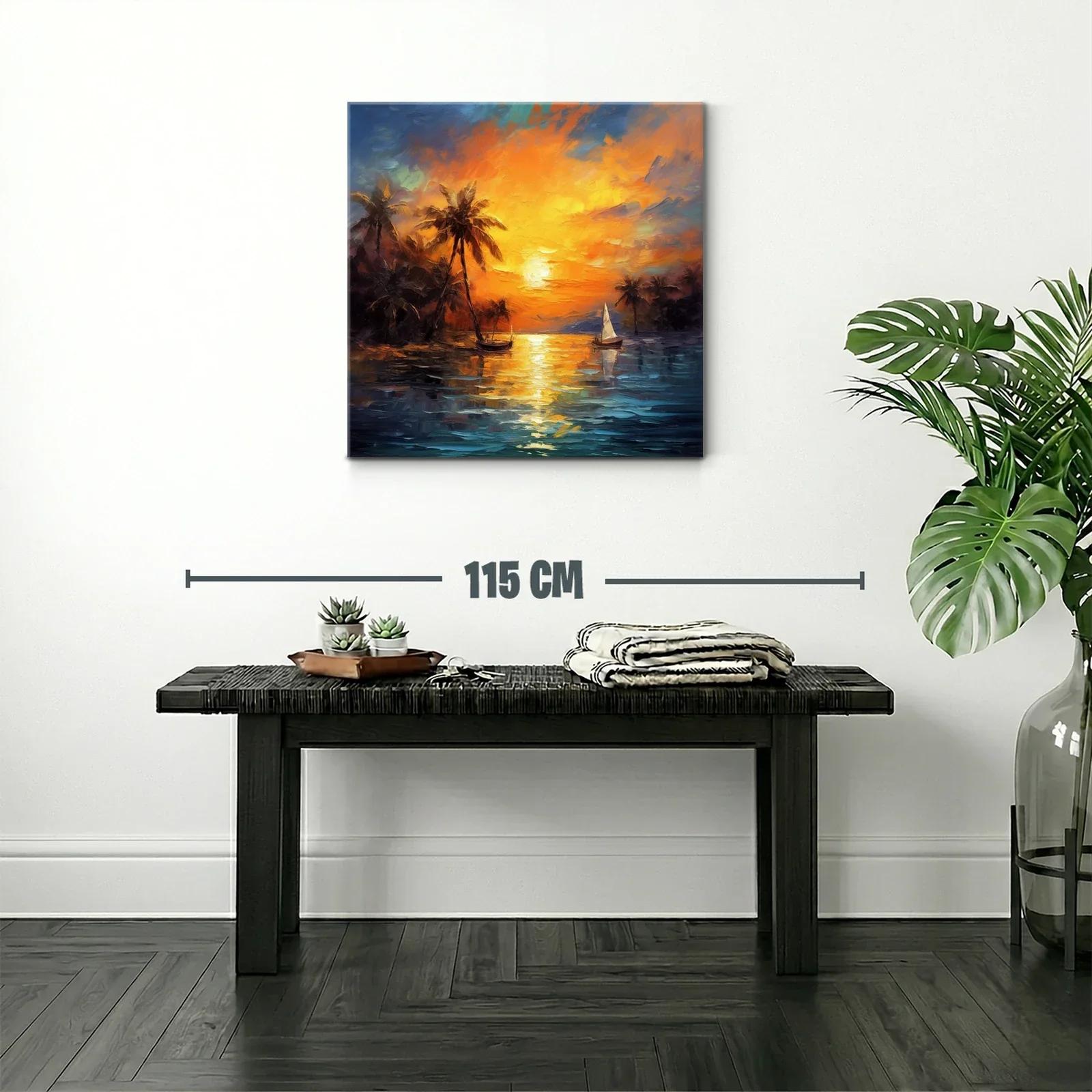 Atardecer tropical con palmeras y barco de vela sobre el mar — miniatura 2