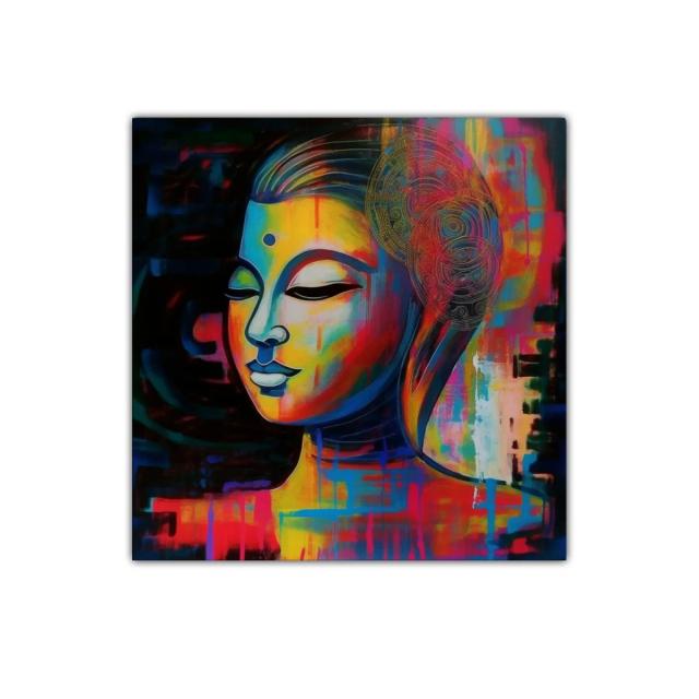 Cuadro colorido de rostro sereno con motivos abstractos