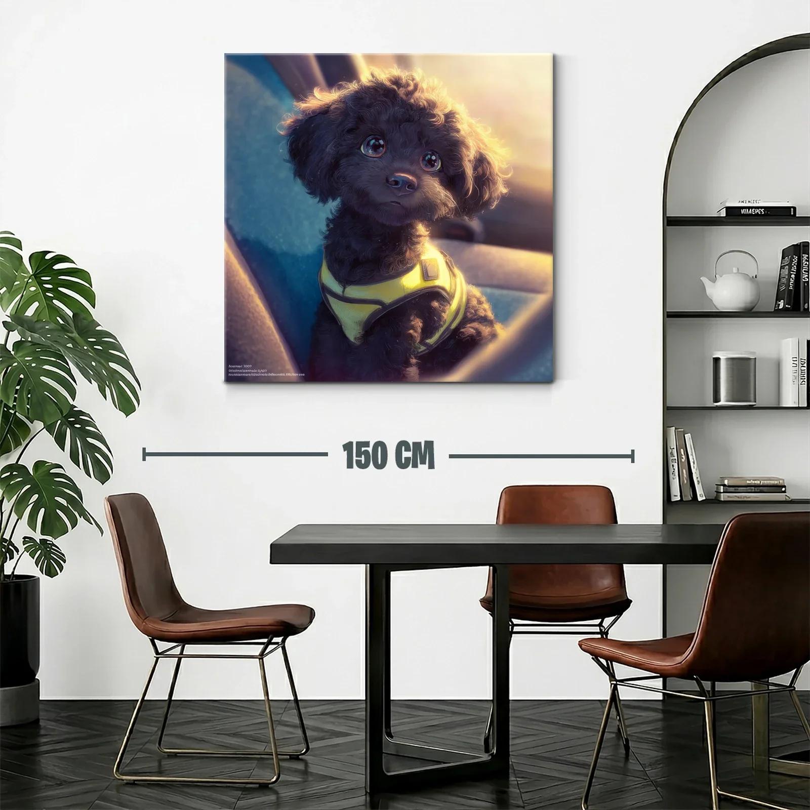 Tierno perro negro con arnés amarillo al atardecer — miniatura 2