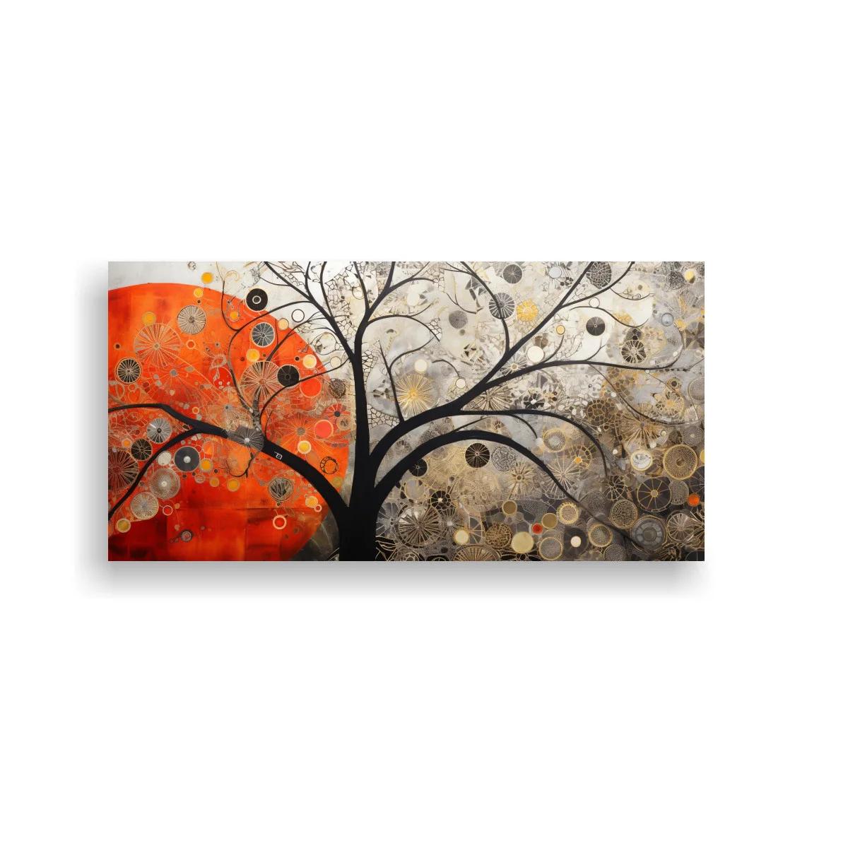 Cuadro árbol con sol rojo y círculos texturizados