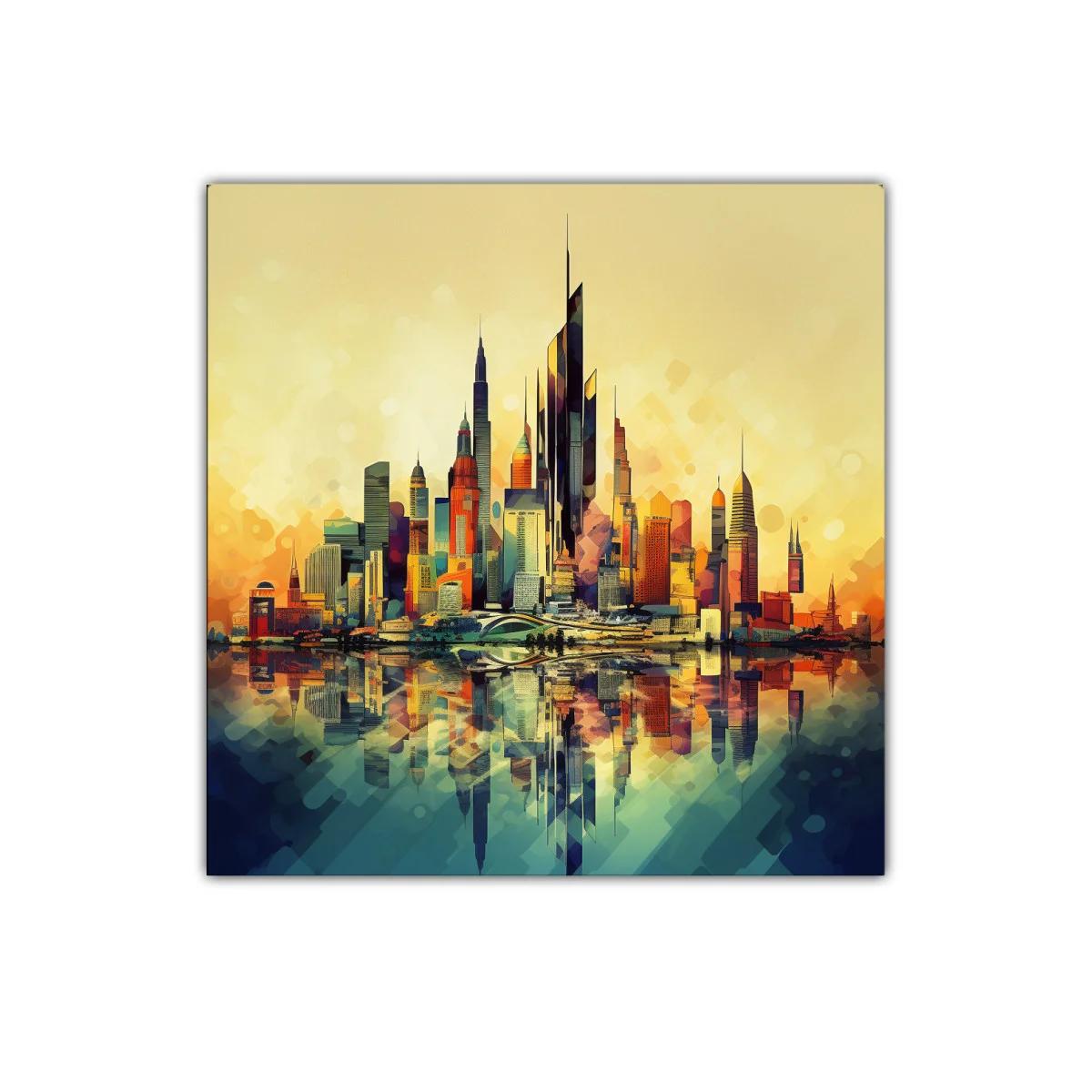 Vibrante ciudad futurista con reflejos al atardecer — imagen principal