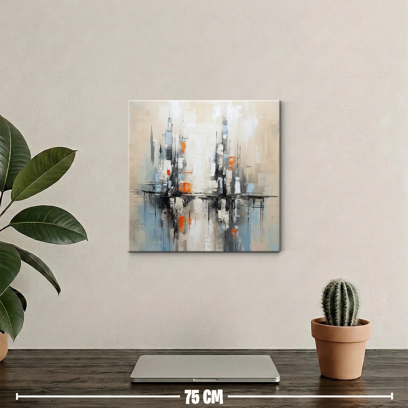 Cuadro abstracto con reflejos urbanos en tonos neutros y naranjas — miniatura 2