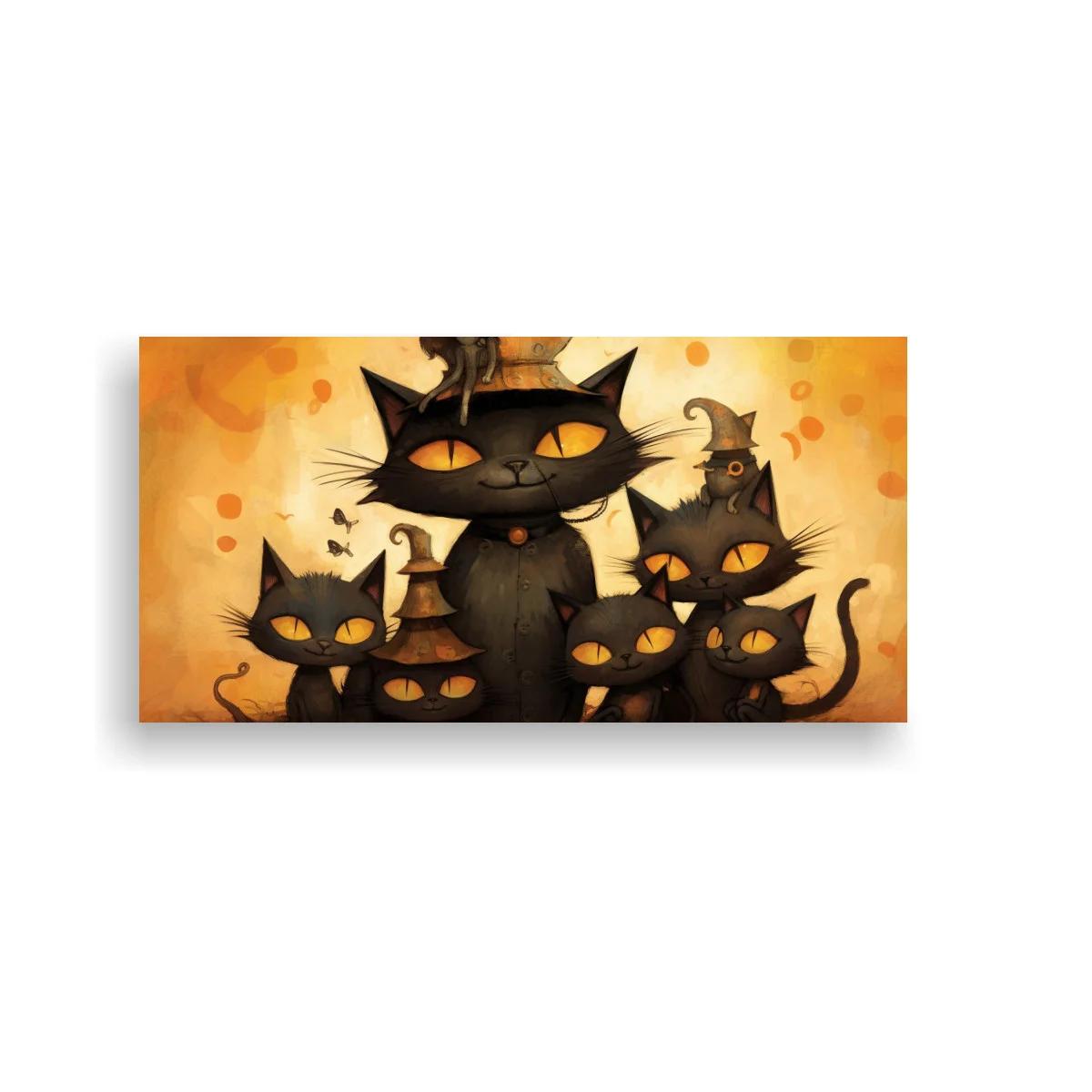 Cuadro grupo de gatos negros con murciélagos y pagoda — imagen principal