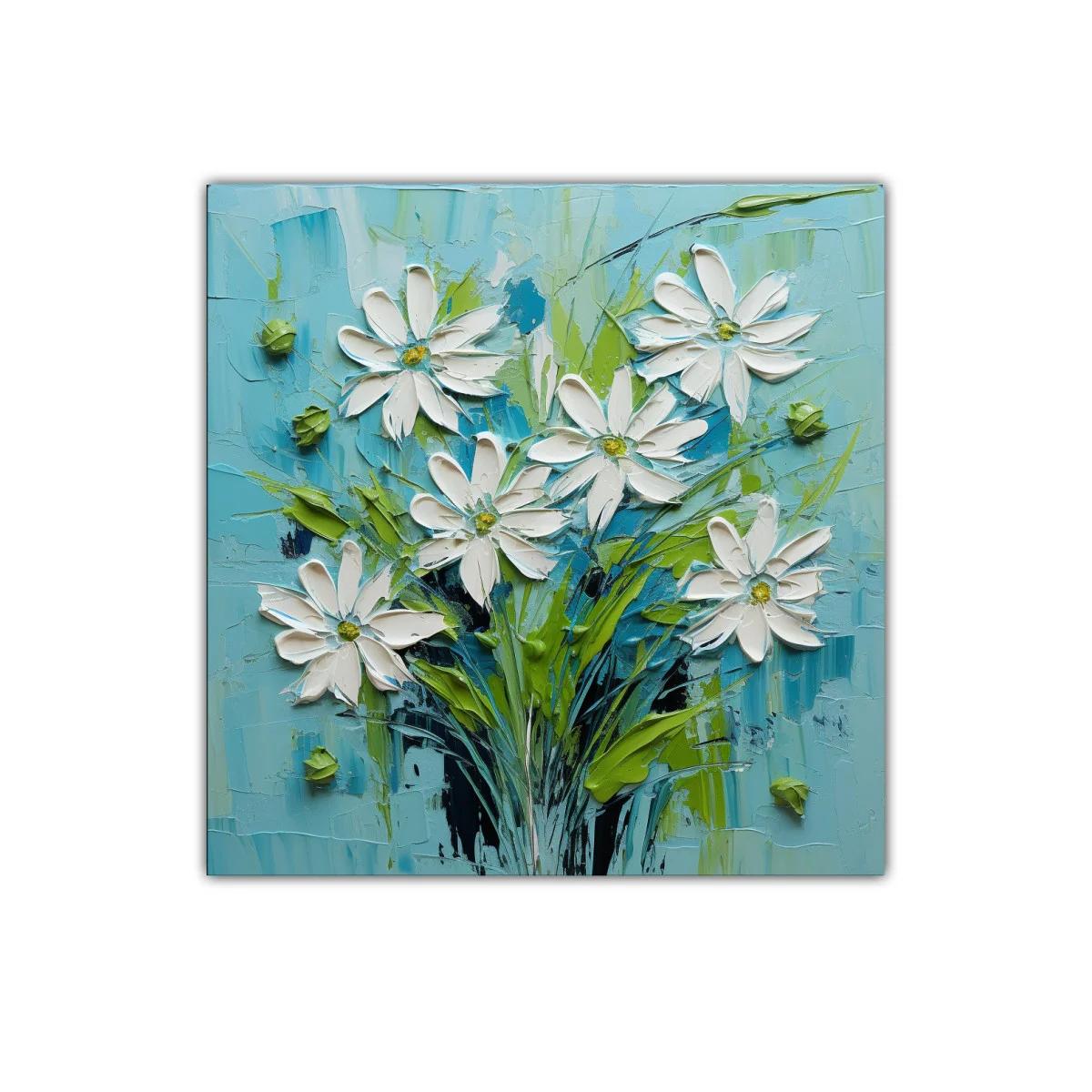 Cuadro floral con margaritas en tonos azul y verde