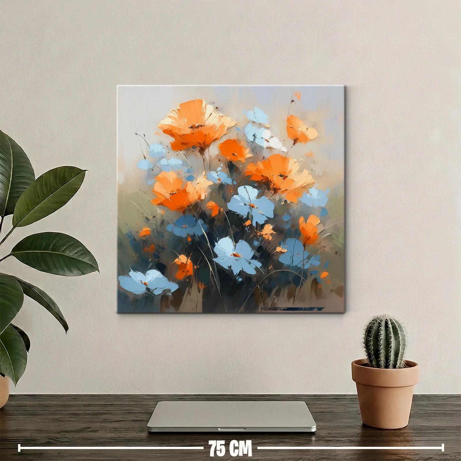 Cuadro moderno con flores naranjas y azules vibrantes — miniatura 2