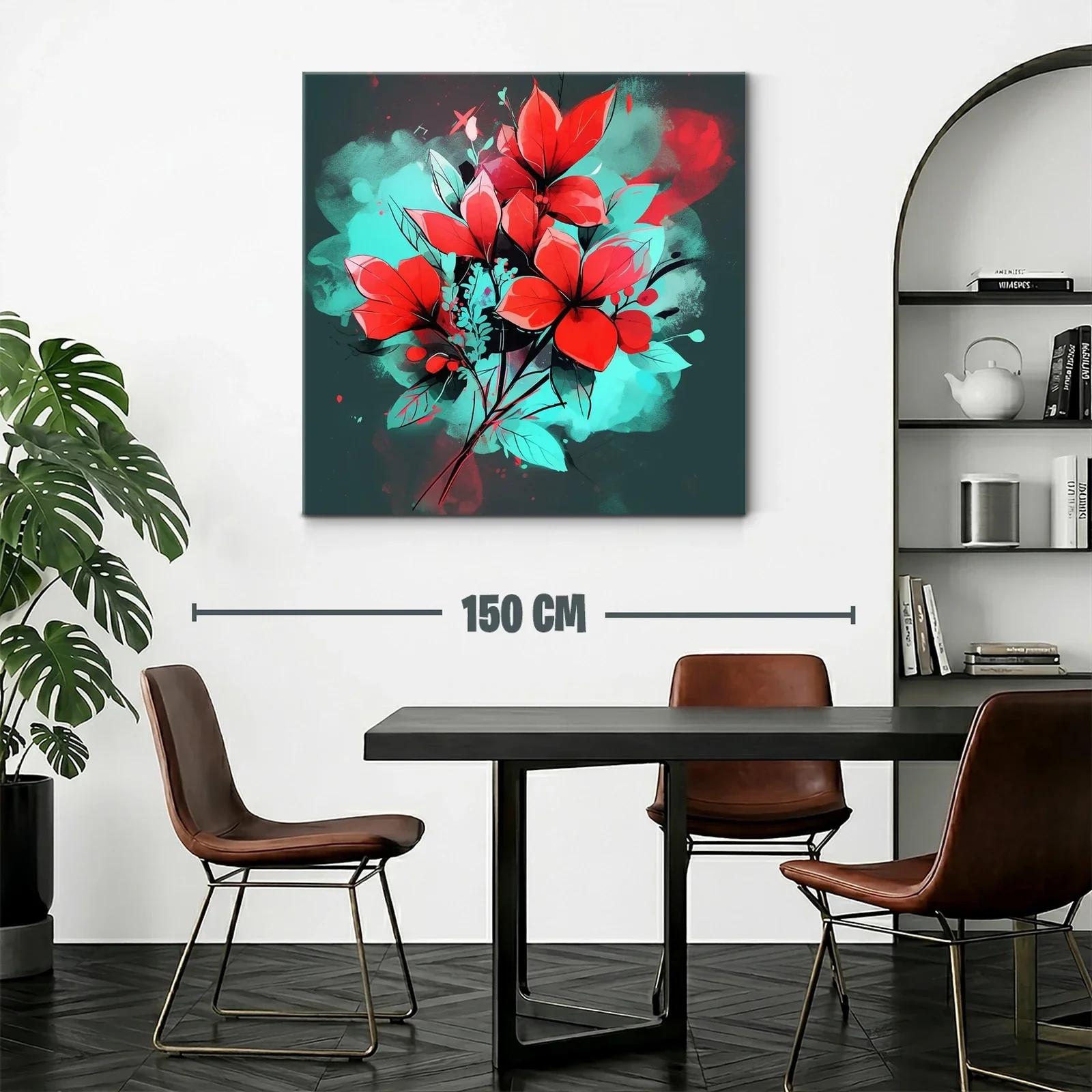 Cuadro floral vibrante con contraste rojo y turquesa — miniatura 2