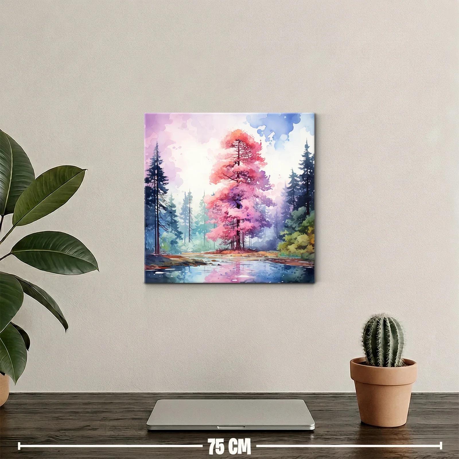 Árbol rosa en paisaje sereno junto a lago reflejado — miniatura 2