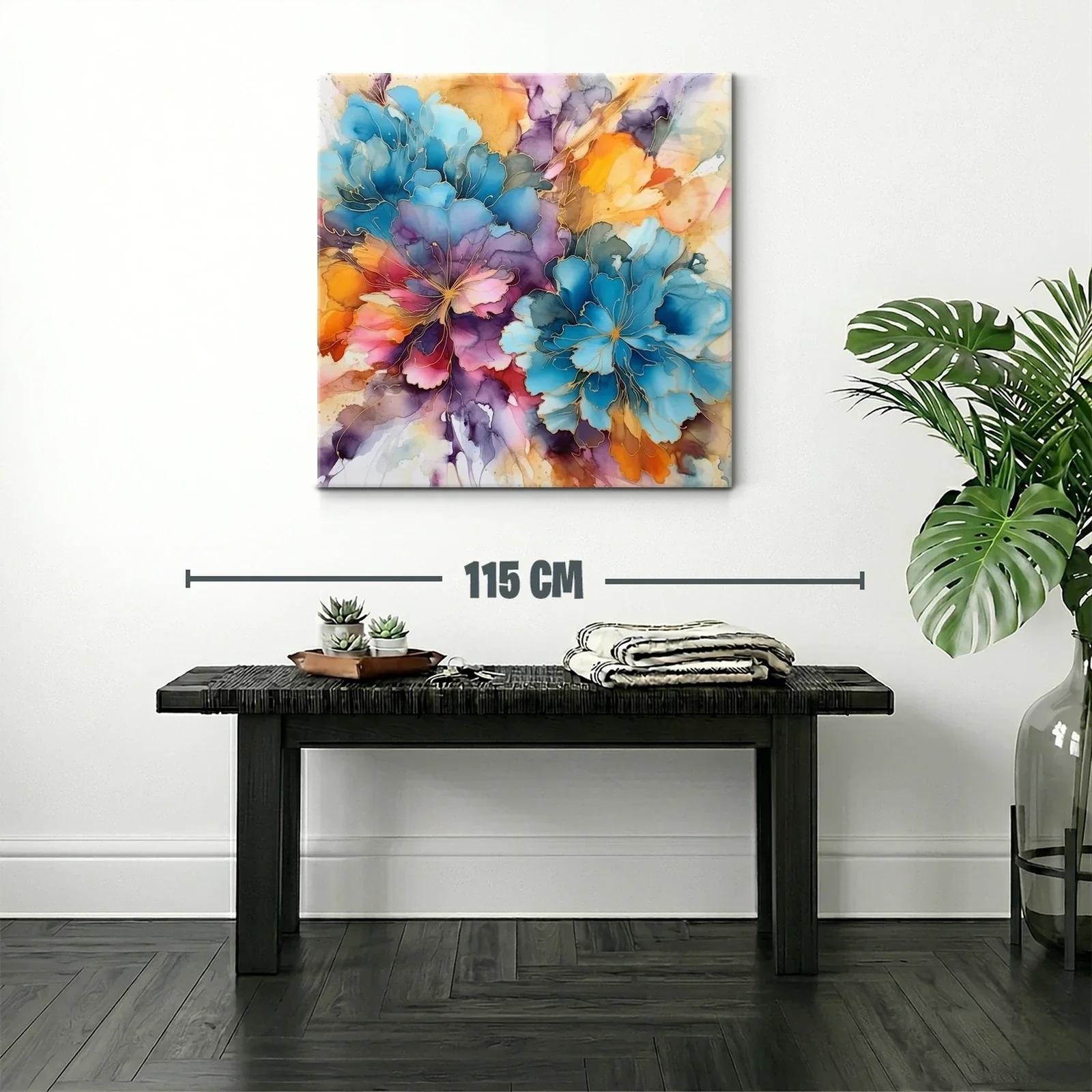 Cuadro floral abstracto en vibrantes tonos azul y naranja — miniatura 2
