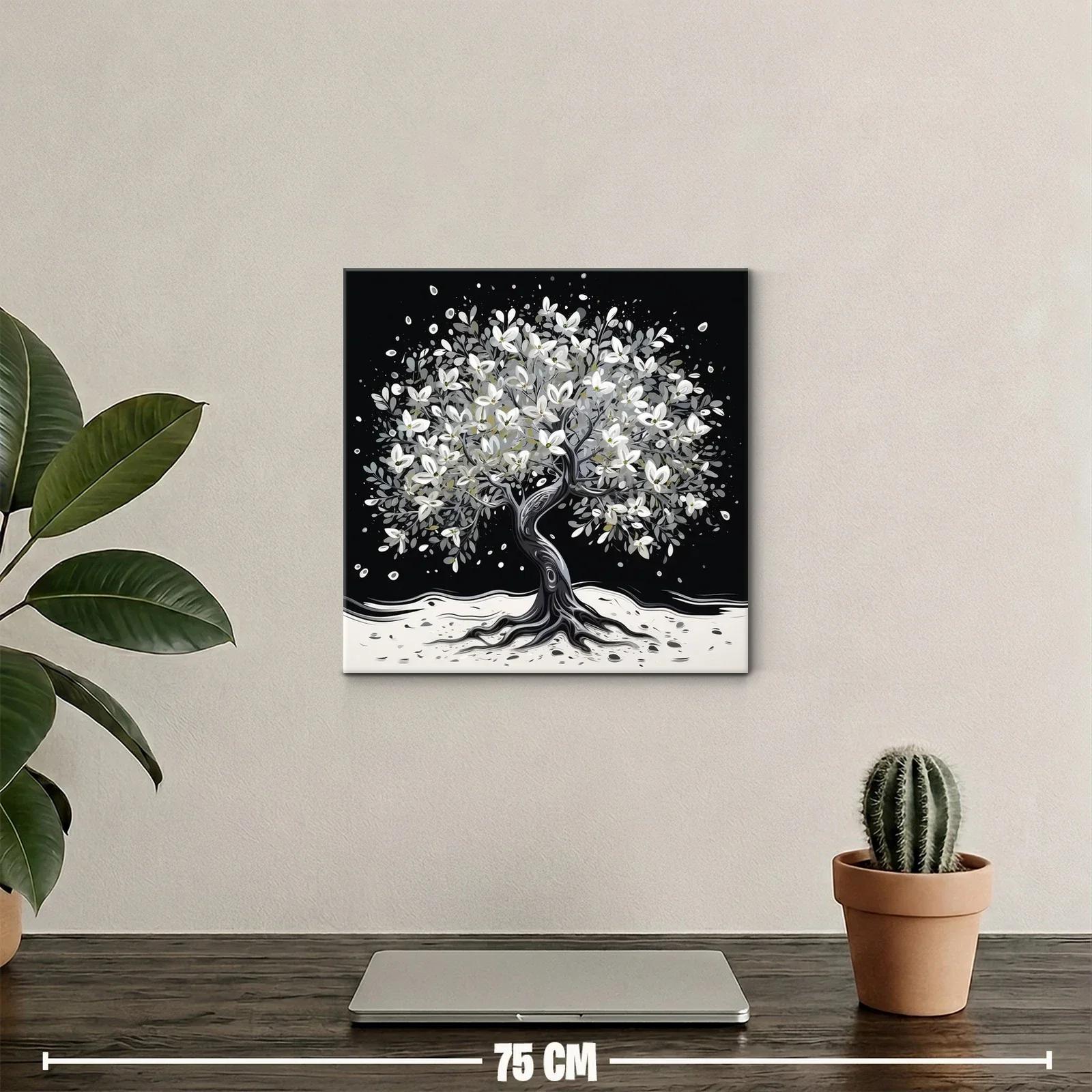 Árbol florecido en tonos blancos y grises sobre fondo oscuro — miniatura 2