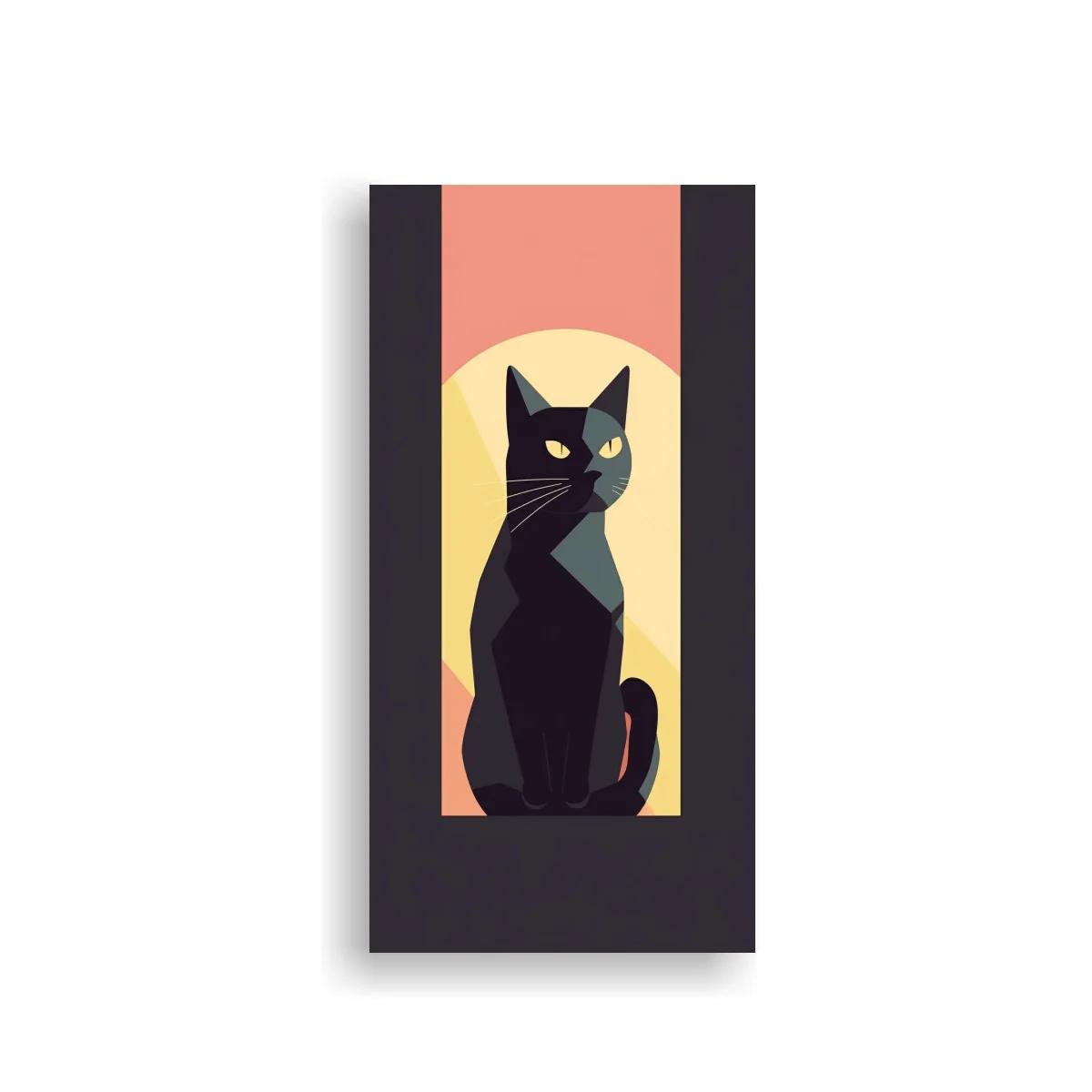 Cuadro gato negro con fondo geométrico y círculo claro