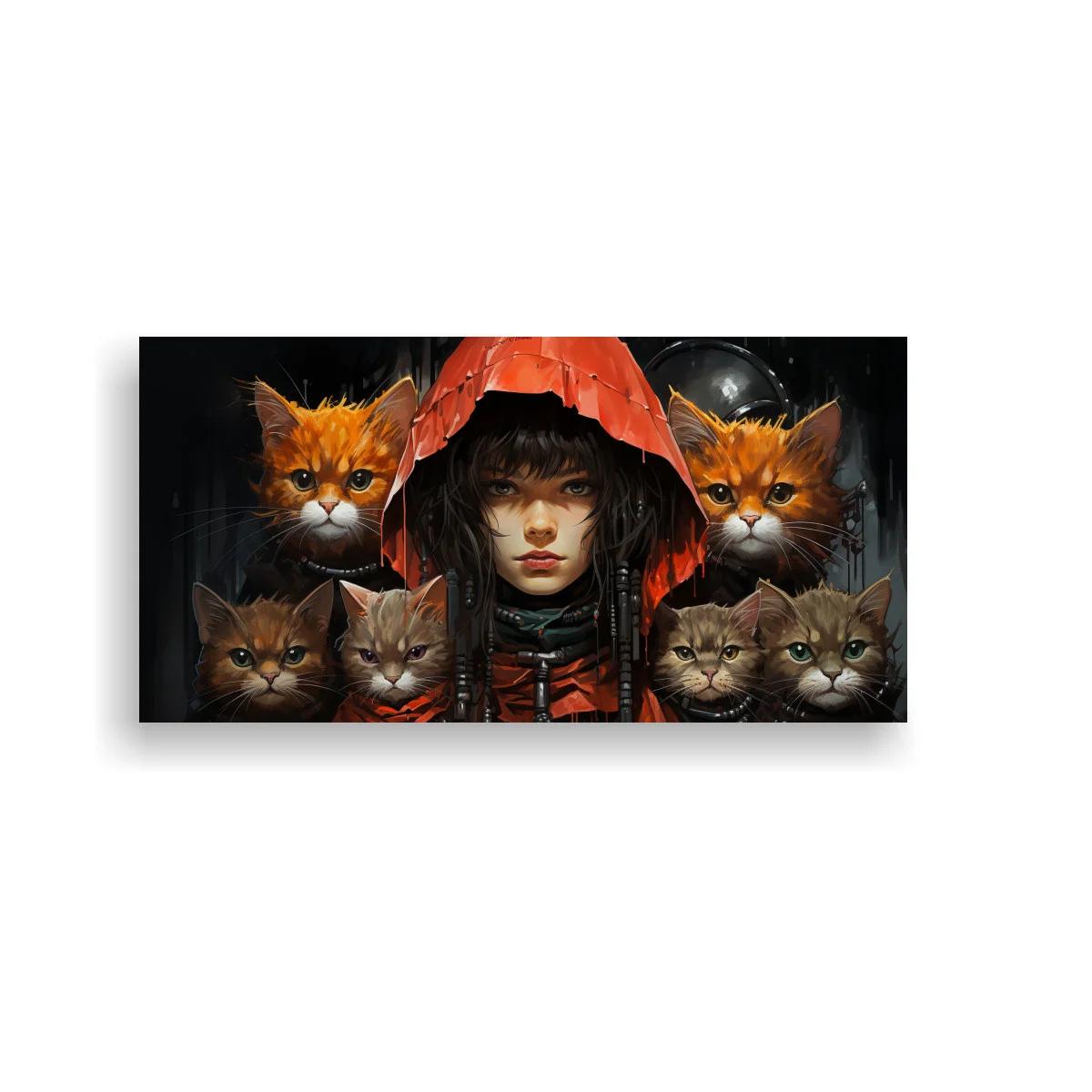 Cuadro niña con capucha roja y seis gatos