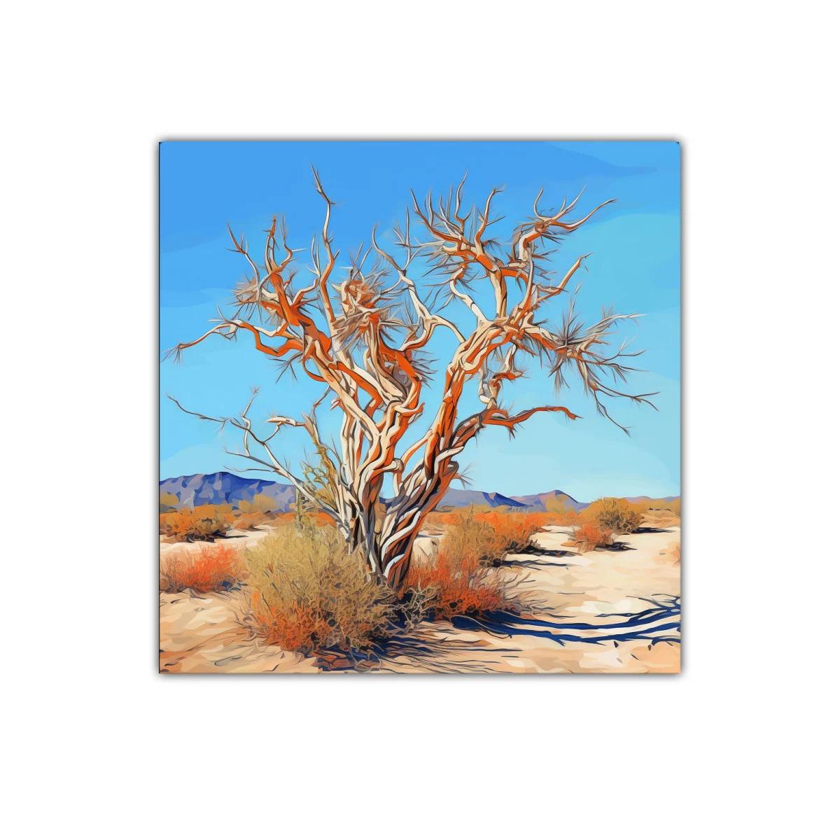 Árbol retorcido en paisaje desértico bajo cielo azul claro