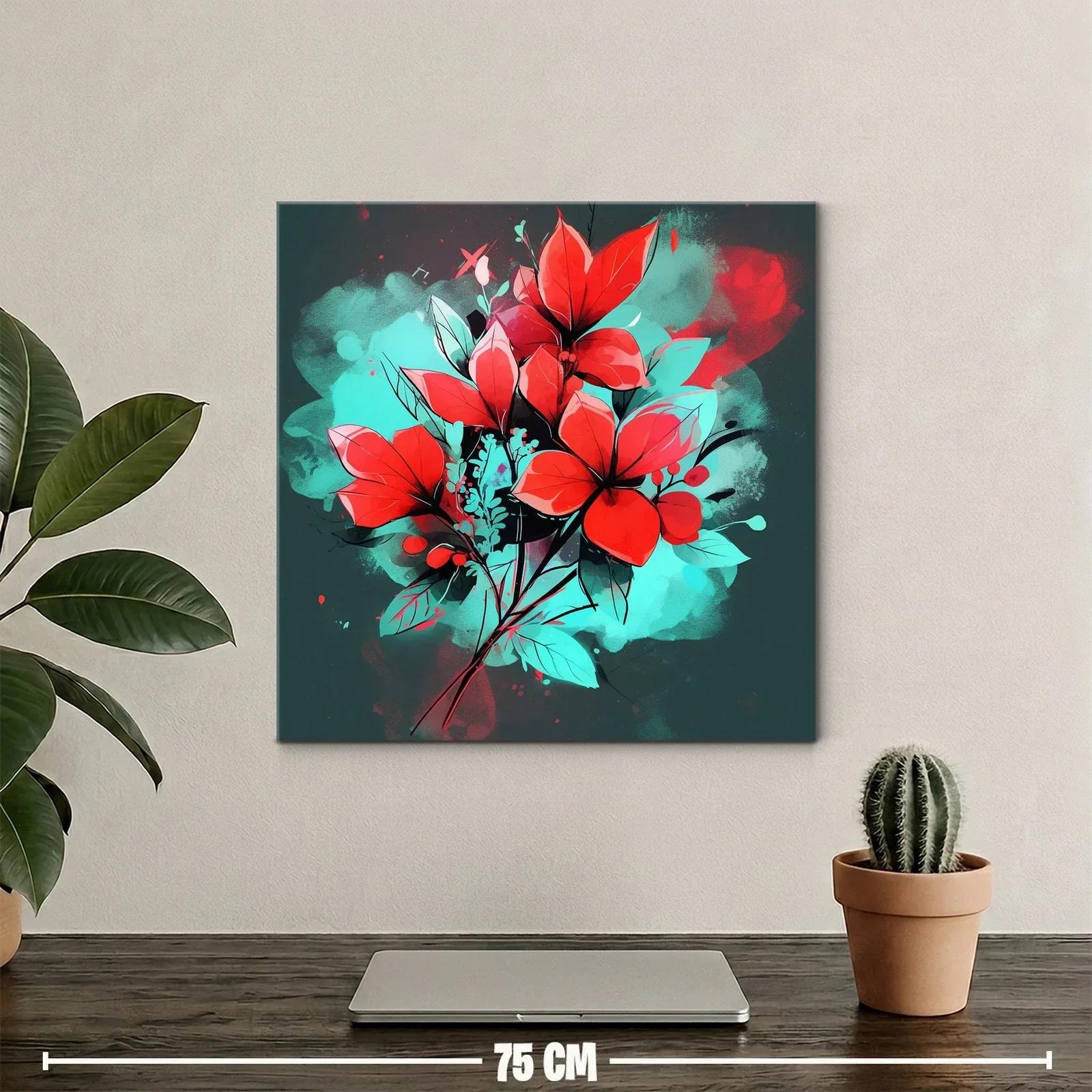 Cuadro floral vibrante con contraste rojo y turquesa — miniatura 2