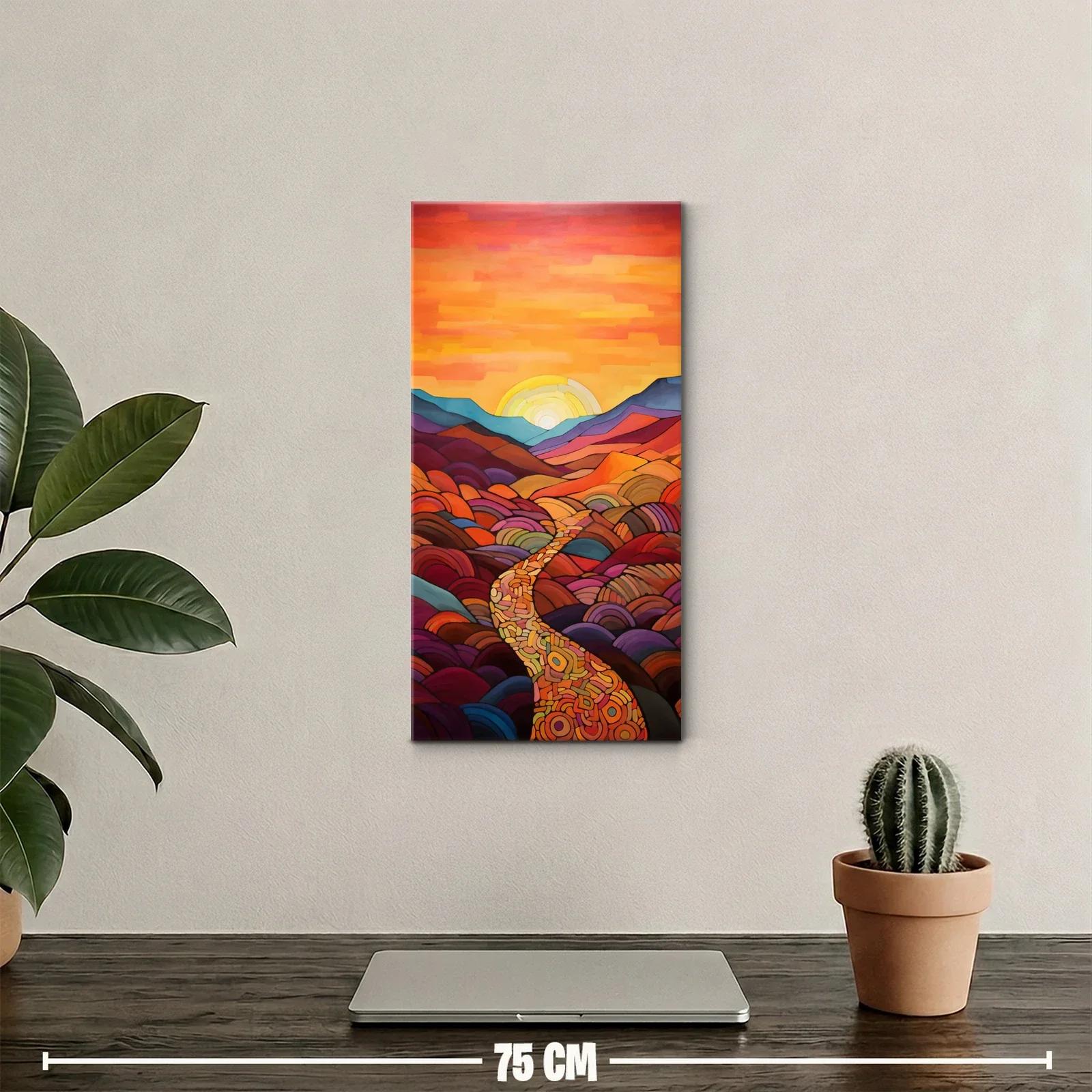Cuadro paisaje de colinas al atardecer con camino geométrico — miniatura 2