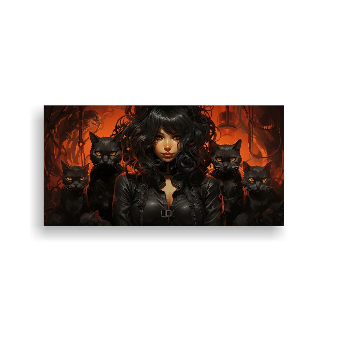Cuadro mujer de cabello negro con gatos negros
