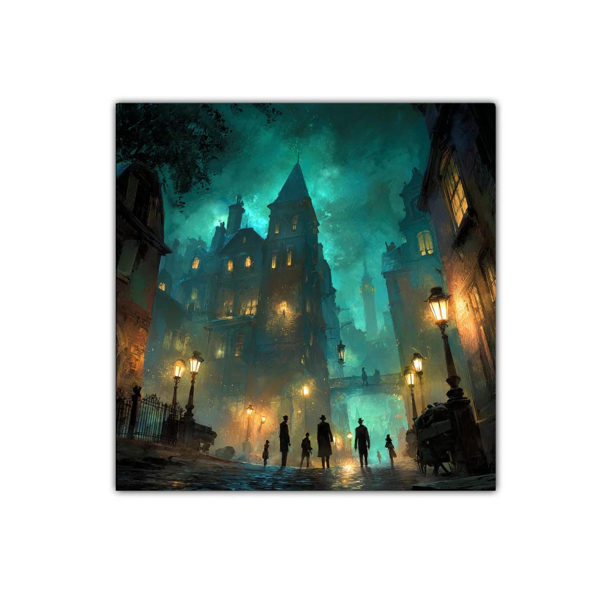 Ambiente nocturno con siluetas y luces cálidas en ciudad misteriosa — imagen principal