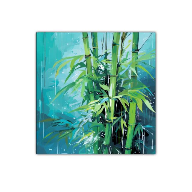 Cuadro decorativo con bambú en tonos verdes y azules