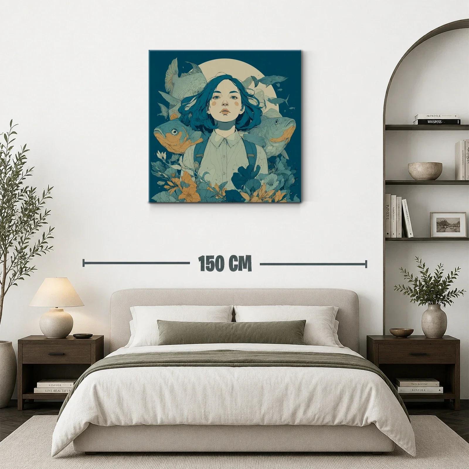 Retrato femenino con peces y flores en tonos azulados — miniatura 3