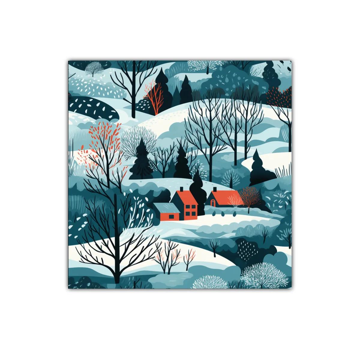 Paisaje invernal con casas y árboles desnudos en tonos fríos — imagen principal