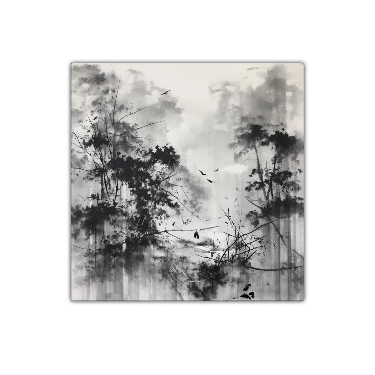 Bosque brumoso con aves en tonos grises y negros — imagen principal