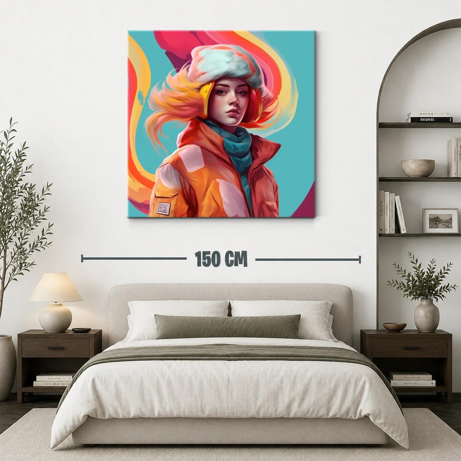 Retrato vibrante de mujer con auriculares y abrigo naranja — miniatura 3