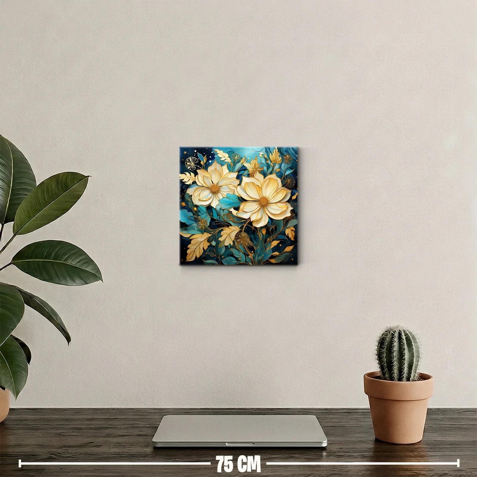 Cuadro floral elegante con tonos dorados y azules profundos — miniatura 2