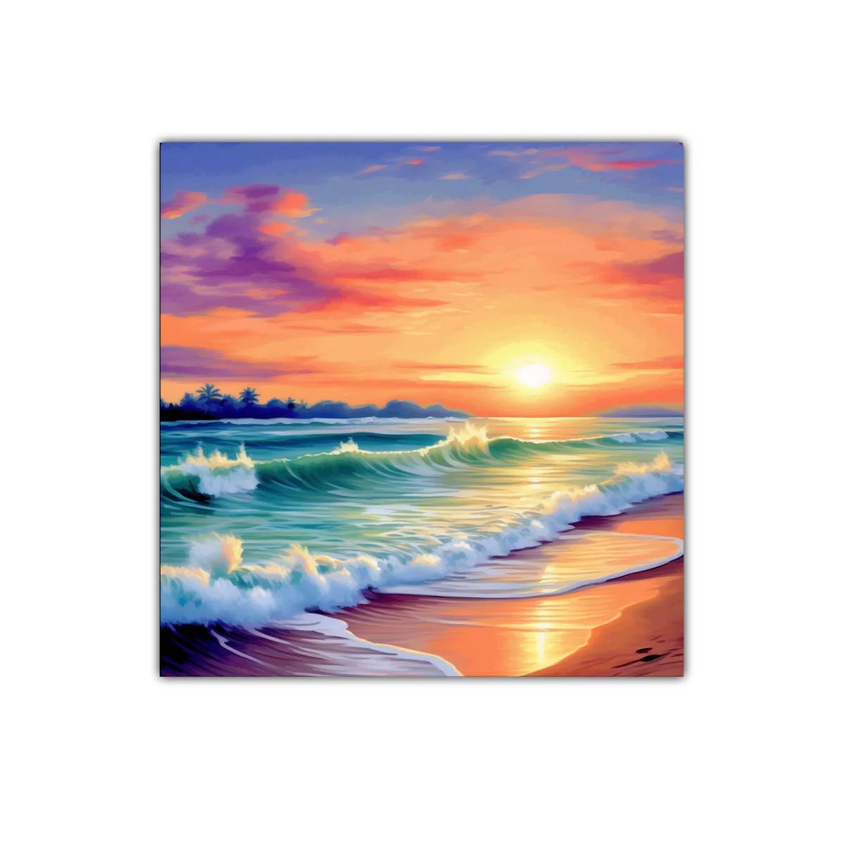 Atardecer en la playa con olas y cielo colorido