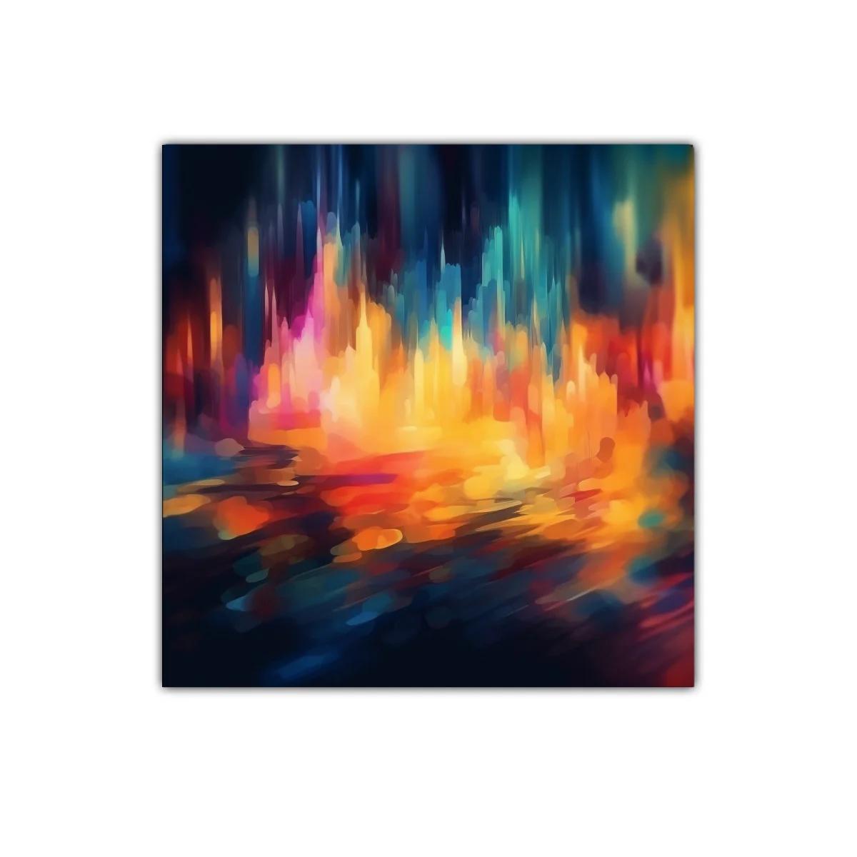 Cuadro abstracto con vibrantes luces en tonos cálidos y fríos